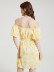 Floral Print Chiffon Lantern Sleeve Off The Shoulder Tie Dress