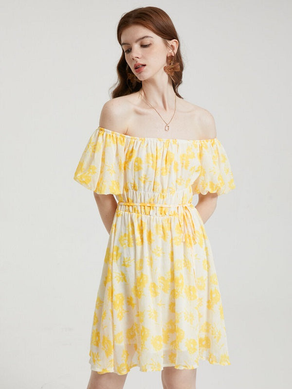 Floral Print Chiffon Lantern Sleeve Off The Shoulder Tie Dress