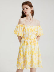 Floral Print Chiffon Lantern Sleeve Off The Shoulder Tie Dress