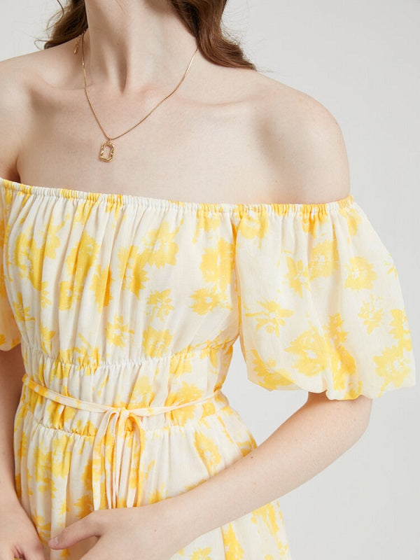 Floral Print Chiffon Lantern Sleeve Off The Shoulder Tie Dress