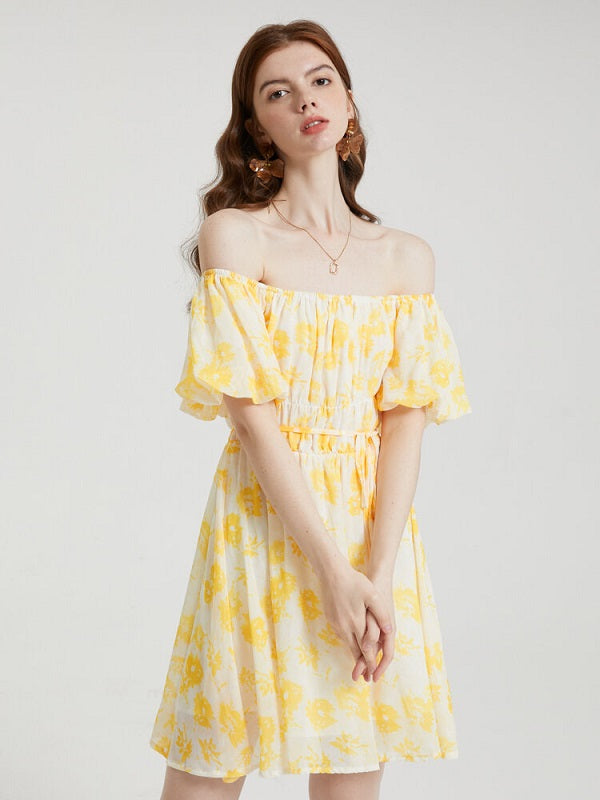 Floral Print Chiffon Lantern Sleeve Off The Shoulder Tie Dress