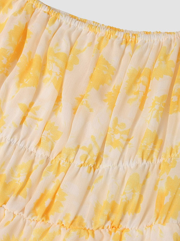 Floral Print Chiffon Lantern Sleeve Off The Shoulder Tie Dress