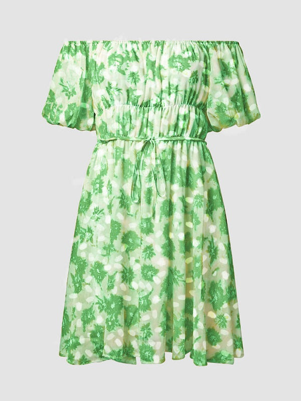 Floral Print Chiffon Lantern Sleeve Off The Shoulder Tie Dress