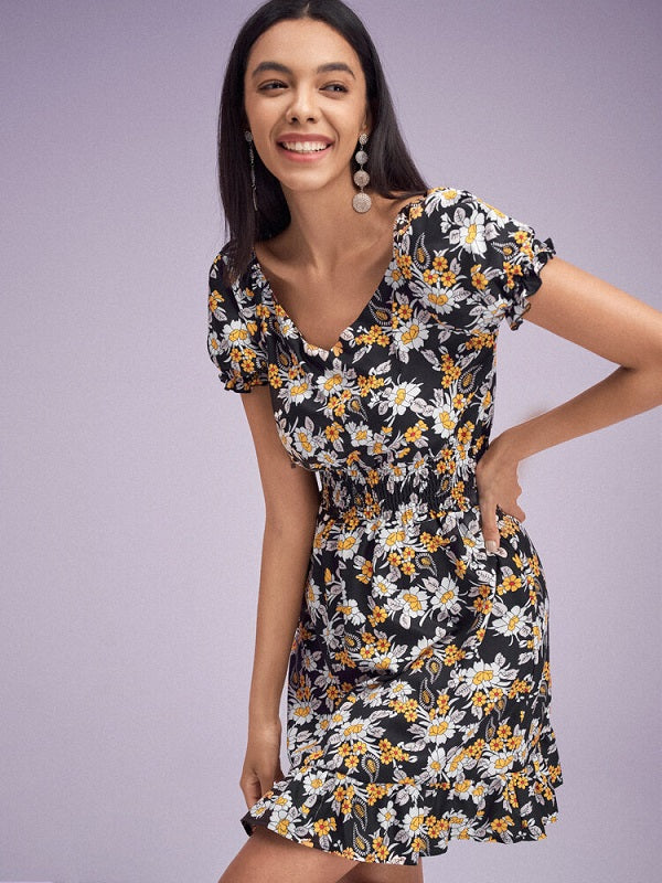 Floral Print Chiffon Shirred High Waist Puff Sleeve Ruffle Dress