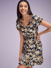 Floral Print Chiffon Shirred High Waist Puff Sleeve Ruffle Dress