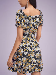 Floral Print Chiffon Shirred High Waist Puff Sleeve Ruffle Dress