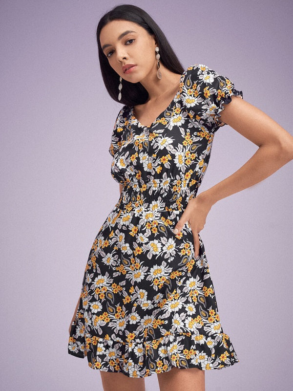 Floral Print Chiffon Shirred High Waist Puff Sleeve Ruffle Dress