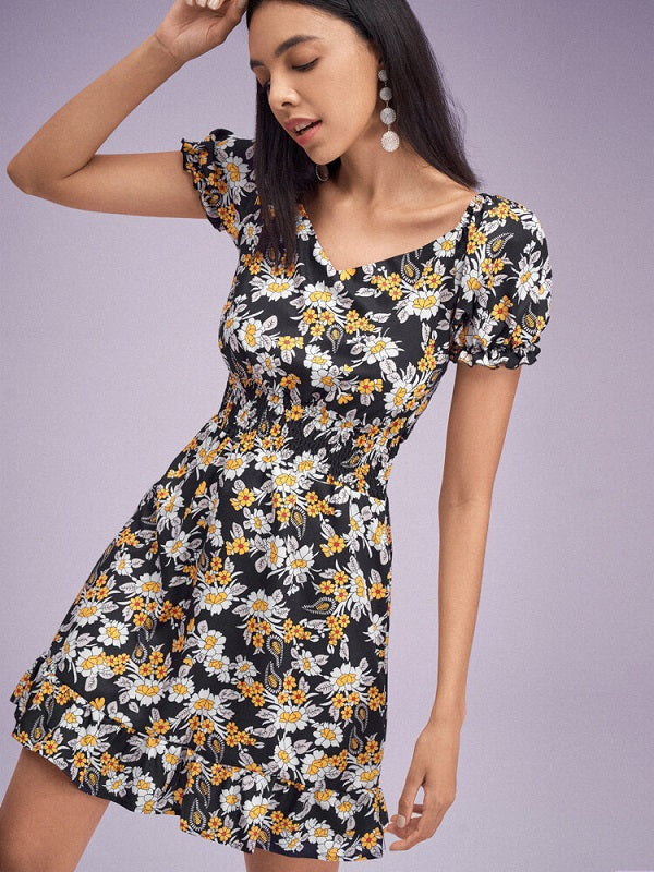 Floral Print Chiffon Shirred High Waist Puff Sleeve Ruffle Dress