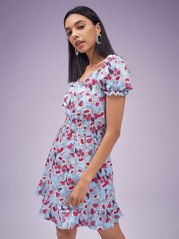 Floral Print Chiffon Shirred High Waist Puff Sleeve Ruffle Dress