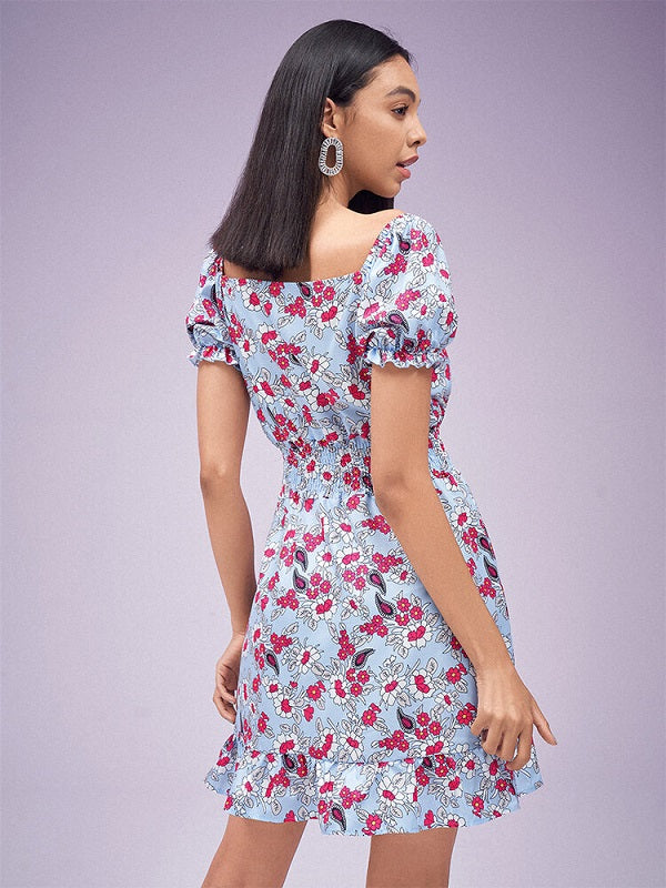 Floral Print Chiffon Shirred High Waist Puff Sleeve Ruffle Dress