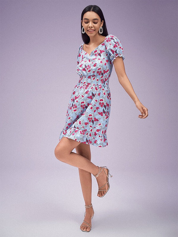 Floral Print Chiffon Shirred High Waist Puff Sleeve Ruffle Dress