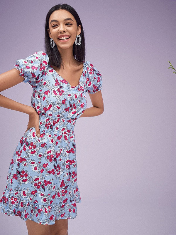 Floral Print Chiffon Shirred High Waist Puff Sleeve Ruffle Dress