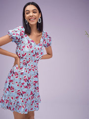 Floral Print Chiffon Shirred High Waist Puff Sleeve Ruffle Dress