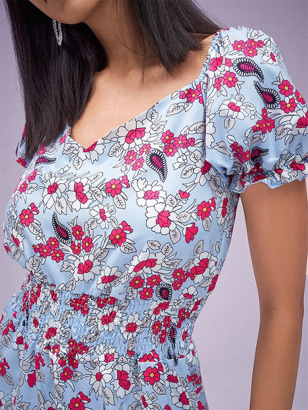 Floral Print Chiffon Shirred High Waist Puff Sleeve Ruffle Dress