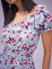 Floral Print Chiffon Shirred High Waist Puff Sleeve Ruffle Dress