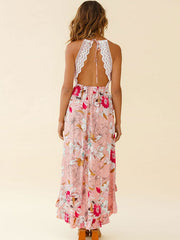Floral Print Crochet Asymmetrical Sleeveless Midi Dress