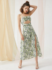 Floral Print Cut Out Open Back Slit Midi Dress