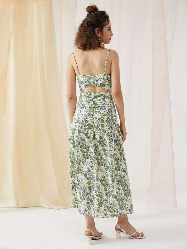 Floral Print Cut Out Open Back Slit Midi Dress