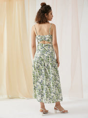 Floral Print Cut Out Open Back Slit Midi Dress