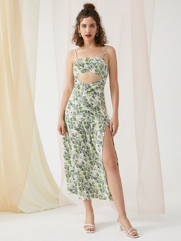 Floral Print Cut Out Open Back Slit Midi Dress