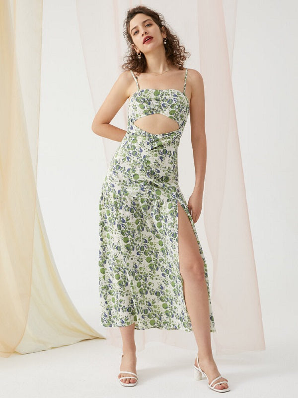 Floral Print Cut Out Open Back Slit Midi Dress