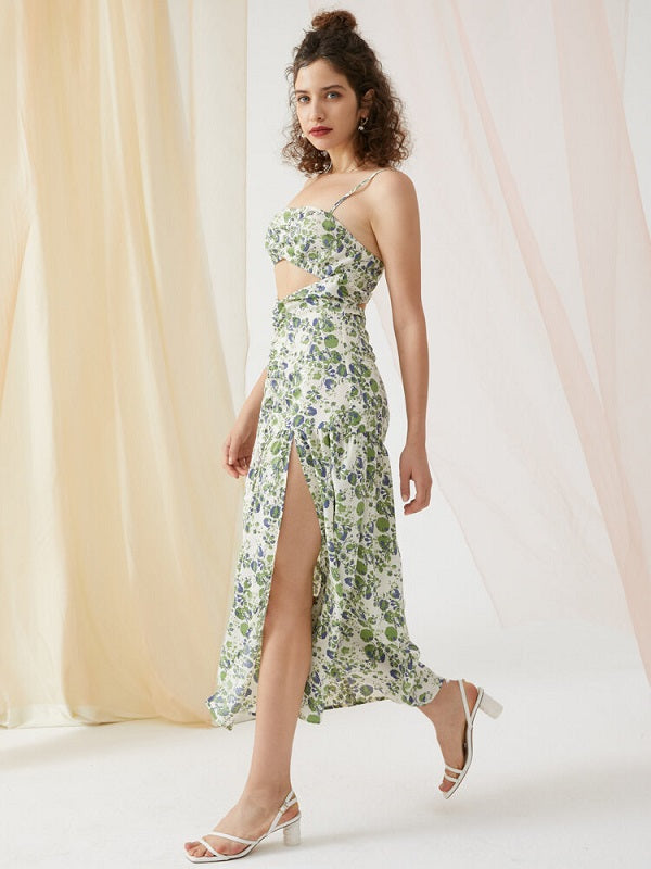 Floral Print Cut Out Open Back Slit Midi Dress