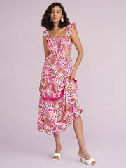 Floral Print Cut Out Ruffle Cap Sleeve Dress