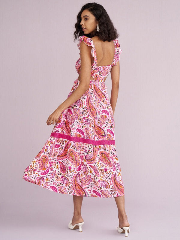 Floral Print Cut Out Ruffle Cap Sleeve Dress
