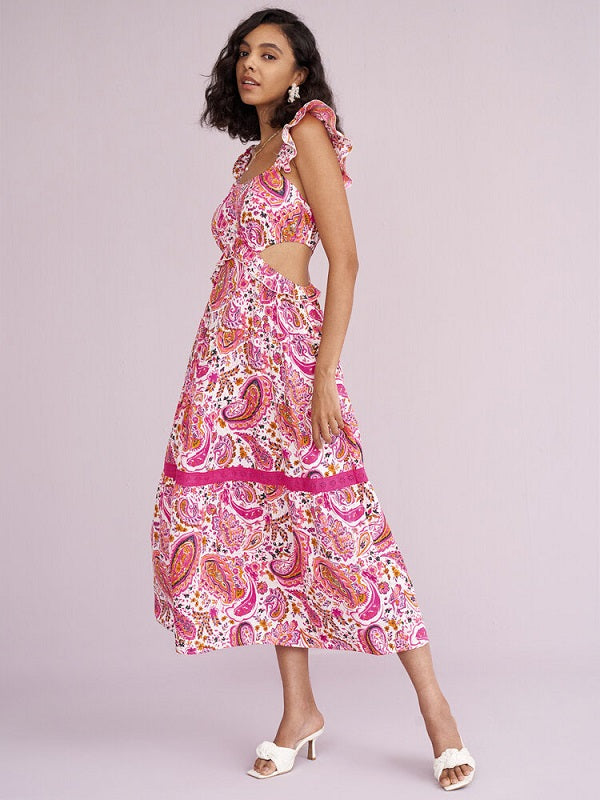 Floral Print Cut Out Ruffle Cap Sleeve Dress