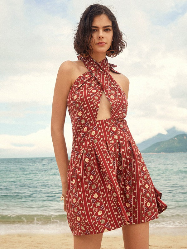 Floral Print Cut Out Self Tie Open Back Smocked Halter Dress