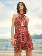 Floral Print Cut Out Self Tie Open Back Smocked Halter Dress