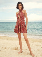 Floral Print Cut Out Self Tie Open Back Smocked Halter Dress