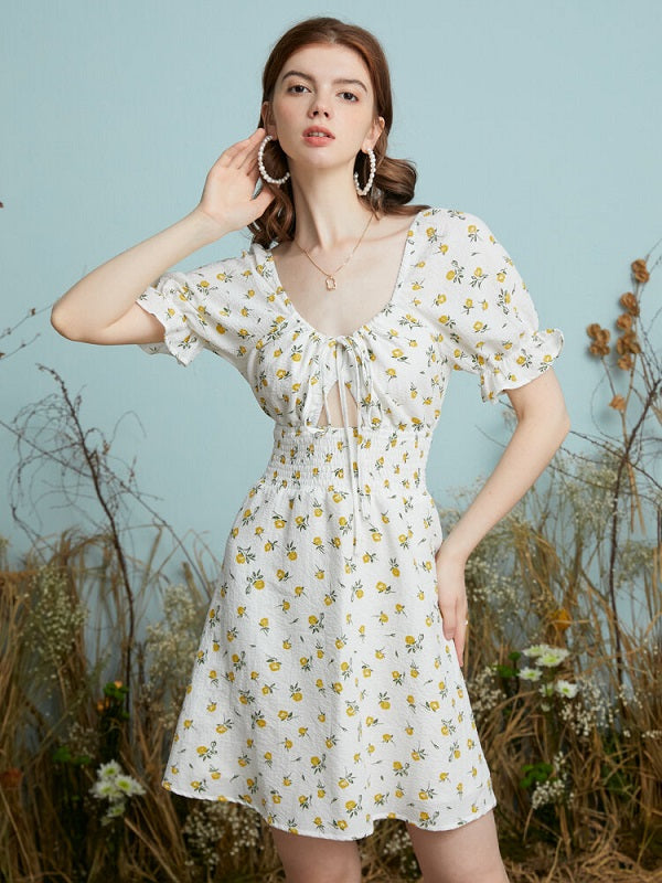Floral Print Cut Out Shirred Knot Flounce Sleeve Open Back Dress