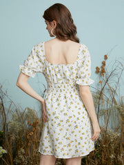 Floral Print Cut Out Shirred Knot Flounce Sleeve Open Back Dress
