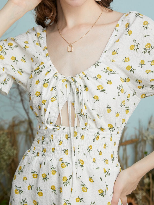 Floral Print Cut Out Shirred Knot Flounce Sleeve Open Back Dress
