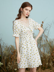 Floral Print Cut Out Shirred Knot Flounce Sleeve Open Back Dress