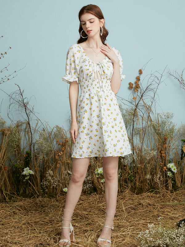 Floral Print Cut Out Shirred Knot Flounce Sleeve Open Back Dress