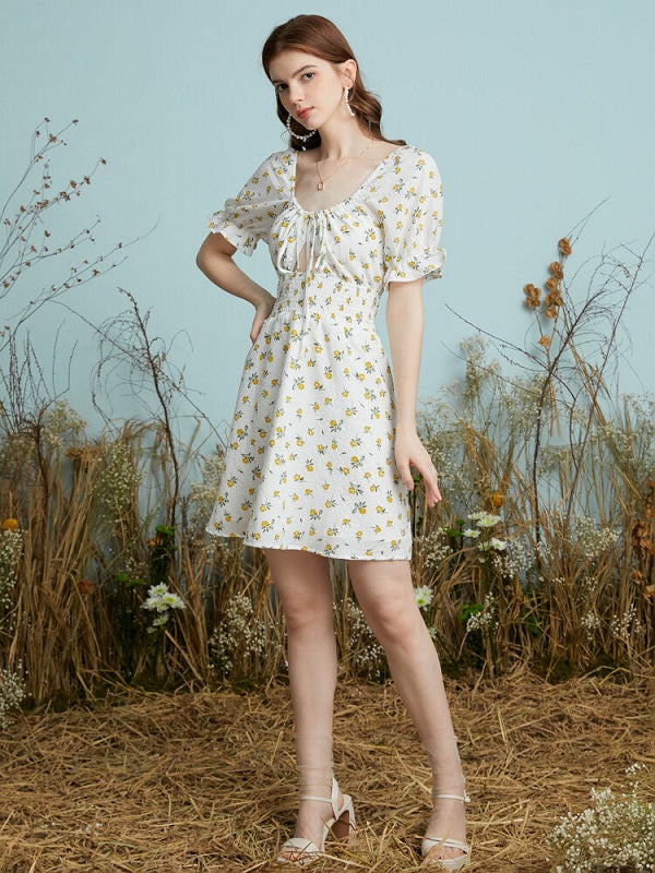 Floral Print Cut Out Shirred Knot Flounce Sleeve Open Back Dress