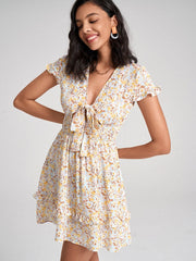 Floral Print Deep V-neck Bowknot Ruffle Shirred Dress