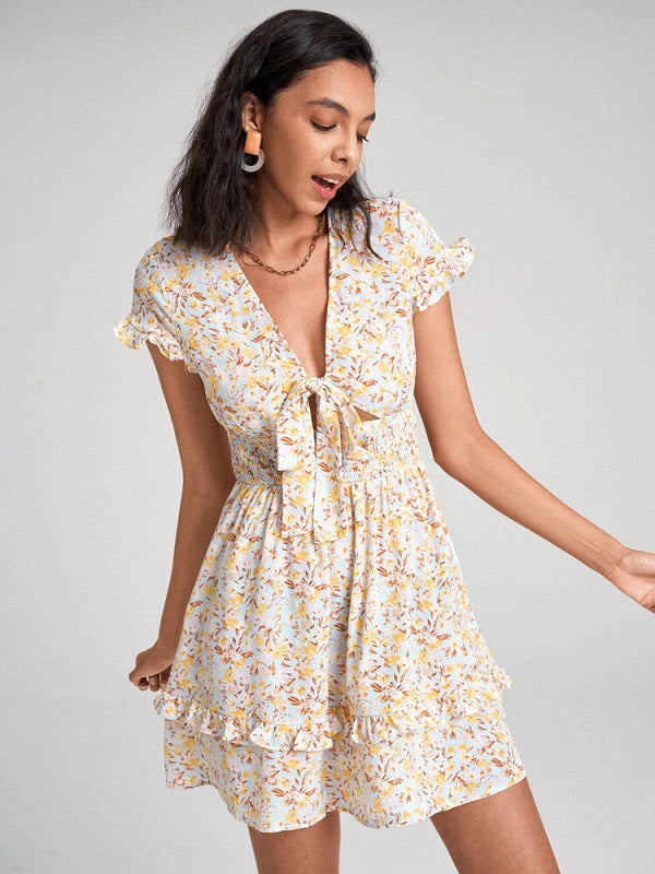 Floral Print Deep V-neck Bowknot Ruffle Shirred Dress