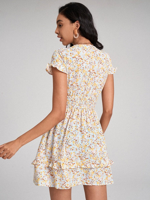 Floral Print Deep V-neck Bowknot Ruffle Shirred Dress