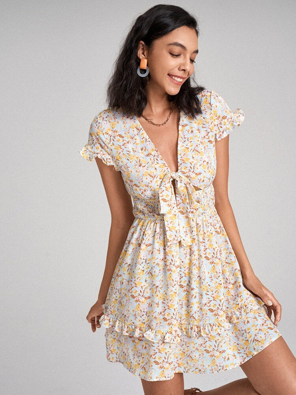 Floral Print Deep V-neck Bowknot Ruffle Shirred Dress