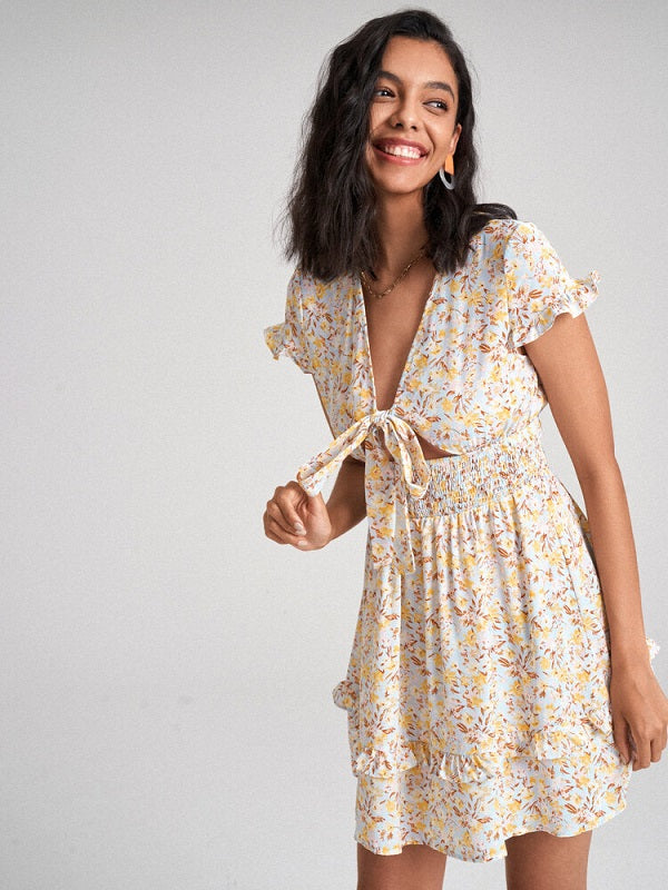 Floral Print Deep V-neck Bowknot Ruffle Shirred Dress