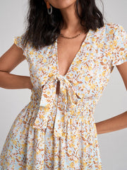 Floral Print Deep V-neck Bowknot Ruffle Shirred Dress