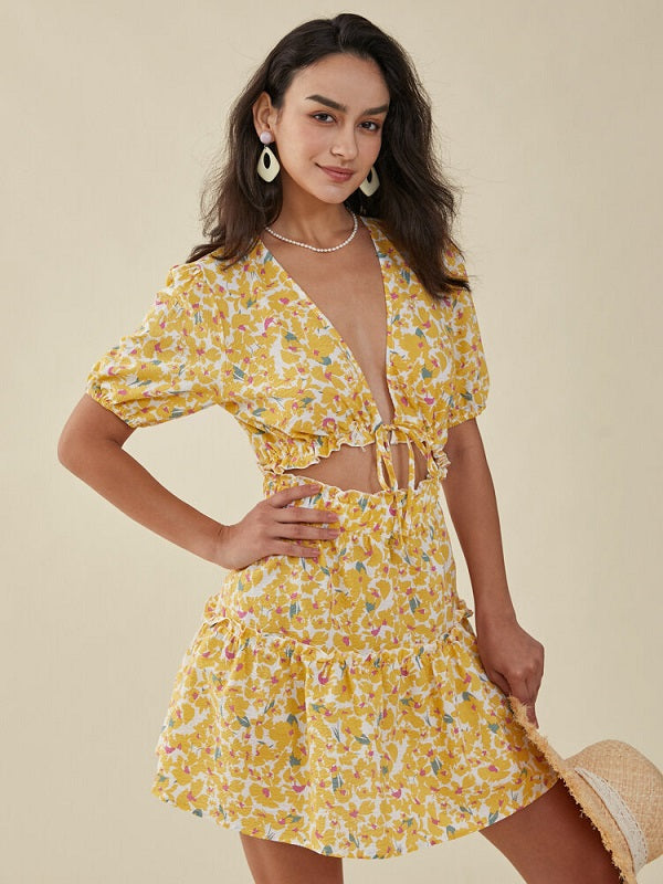 Floral Print Deep V-neck Cut Out Knotted Short Sleeve Dress