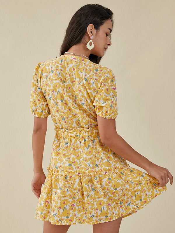 Floral Print Deep V-neck Cut Out Knotted Short Sleeve Dress