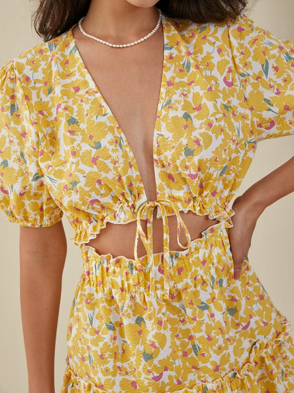 Floral Print Deep V-neck Cut Out Knotted Short Sleeve Dress