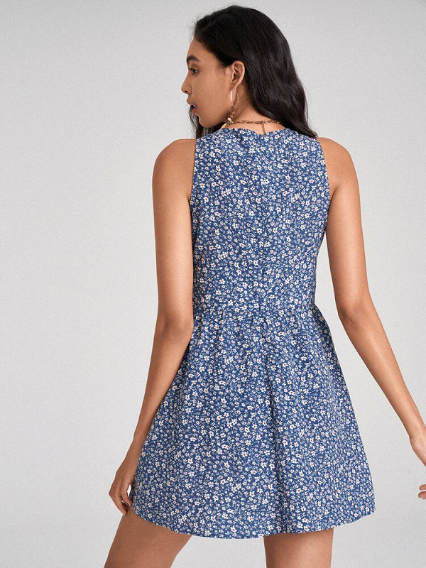 Floral Print Deep V-neck Sleeveless Dress