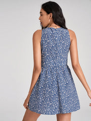 Floral Print Deep V-neck Sleeveless Dress