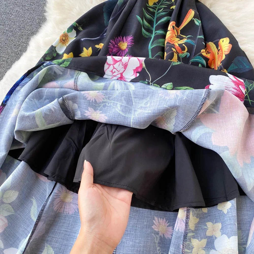 Floral Print Dress Sleeveless Square Collar Mid-Calf Rainbow Jurk A-LINE Dresses Empire